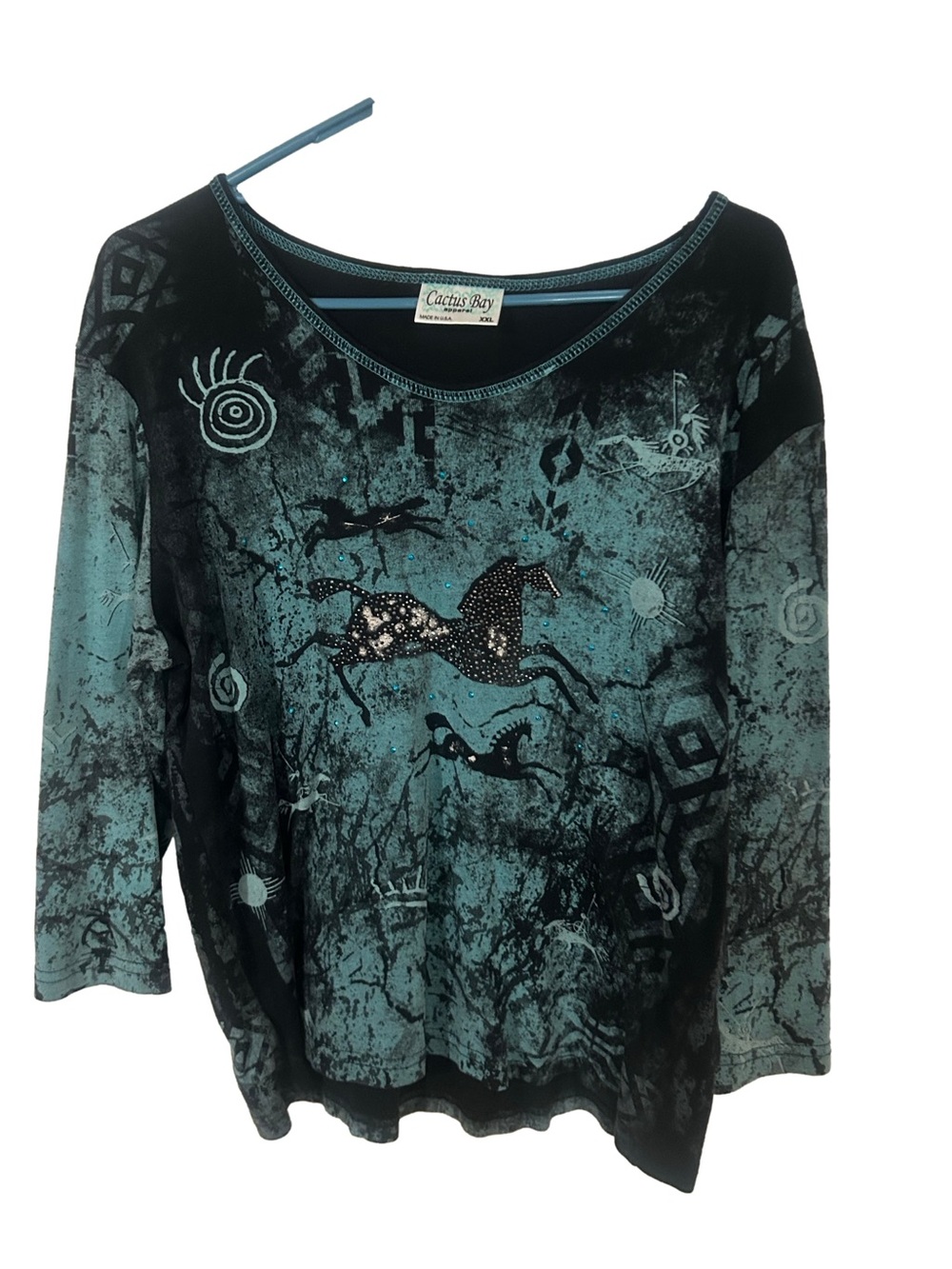 Cactus Bay ApparelTeal & Black Embellished Horse Print Long Sleeve Tee XXL